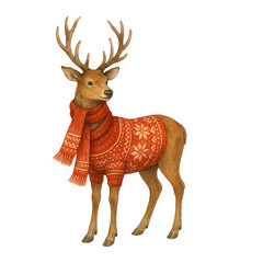 Adorable reindeer dressed in a red winter sweater and matching scarf with festive patterns. Vintage-style holiday PNG illustration ideal for seasonal cards, decor, and cozy Christmas designs. © Julia