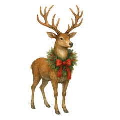 Watercolor reindeer PNG wearing a festive wreath with red bow and berries. Vintage-style Christmas illustration perfect for seasonal cards, winter decor, and traditional holiday designs.