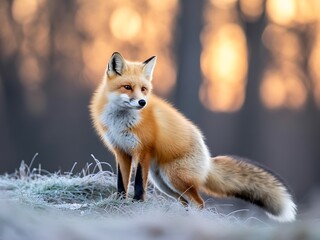 Naklejka premium Red Fox in Frosty Field, Defocused Background