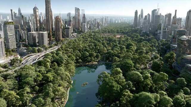 Green Heart of the Metropolis: An awe-inspiring aerial perspective of a sprawling park nestled amidst a futuristic cityscape, where nature and urban development coexist in perfect harmony. 