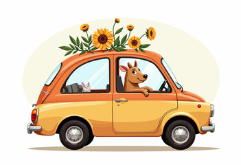 Dog driving orange car decorated with sunflowers and rabbit inside  