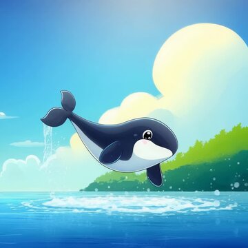 Cartoon Illustration of a Playful Marine Mammal Leaping from the Water