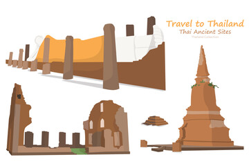 Icons set of Thai ancient site and ruine of buddha statue. Travel in Thailand.