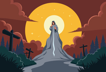 Fototapeta premium Spectral figure in flowing gown standing amidst gravestones at night 