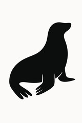 Simple black silhouette of a sea lion sitting upright on a plain background.