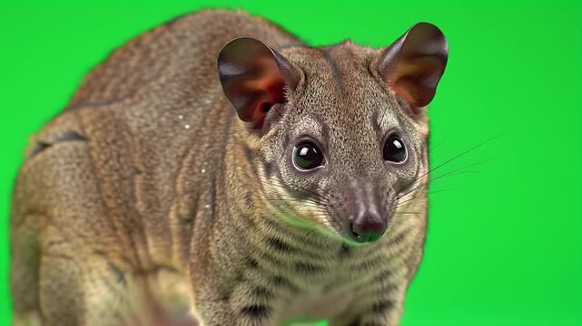 Small Spotted Genet or Civet Mammal Portrait on Bright Green Screen Background, Wild Animal Studio Shot