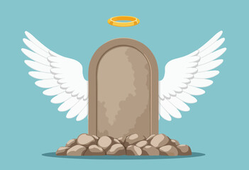 Angel wings with halo over a gravestone surrounded by rocks  