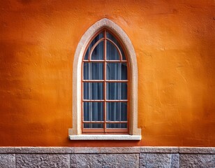 Obraz premium vibrant orange arched window on weathered textured wall background