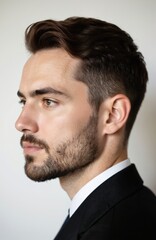 Fototapeta premium Close-up profile of young man with short brown hair, beard, wearing black suit, white shirt. Serious, confident expression. Studio portrait highlights stylish, fashionable, masculine appearance,