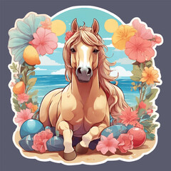 Kawaii style illustration of a unicorn horse in pastel colors with flowers.