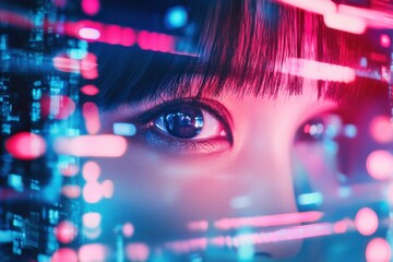 Close-up of a woman's eye with a futuristic digital overlay of data and code, representing the concept of artificial intelligence, big data, and the integration of humans with technology