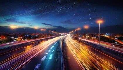 time lapse photography of highway road at night background generative ai