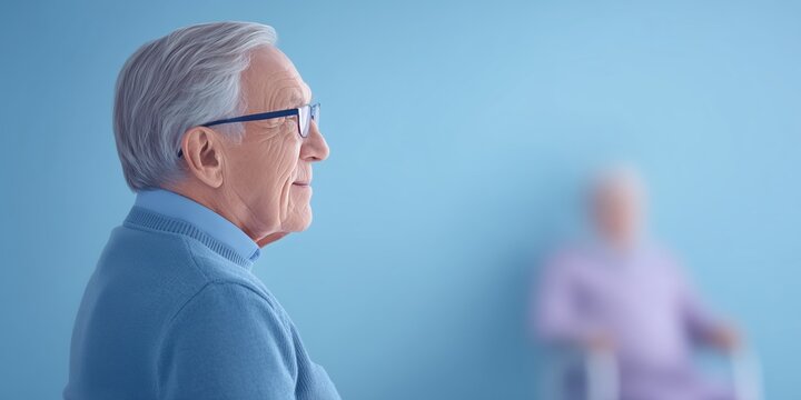 Elderly man with gray hair and glasses, wearing a blue sweater, gazes thoughtfully to the side, with a softly blurred figure in the background, creating a serene atmosphere of reflection - Powered by Adobe