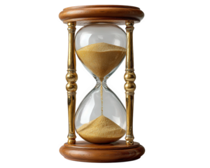 Classic hourglass with golden sand floating inside clear glass, wooden and brass frame, symbolizing time passing, patience, and vintage elegance, isolated on transparency background