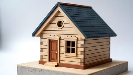 3D miniature wooden house, gray roof, beige siding, windows, door, shadows