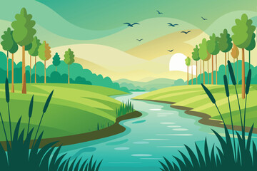 Obraz premium Serene River Landscape with Trees, Birds, and Hills in a Flat Style
