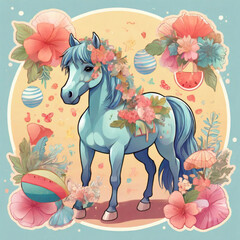 Bright vector illustration of horse in kawaii style. Cute cartoon sticker design.