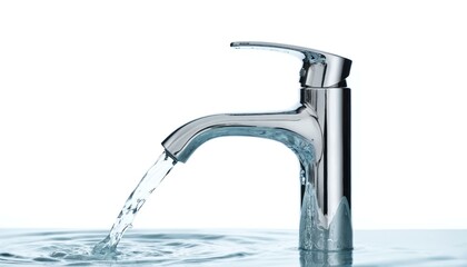 Stylish chrome water tap running water. Stainless steel mixer tap on white backdrop. Fresh water concept. Modern kitchen sink faucet with stream water for home improvement.