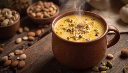 Golden Kesar Badam Doodh saffron milk served in brown ceramic cup on rustic wooden table. Hot almond drink decorated with almonds, pistachios and nutmeg. Nutritious dairy beverage.