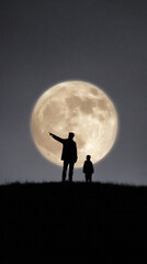 Silhouette of person pointing toward moon with child beside them.