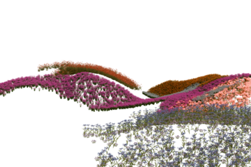 Abstract landscape of undulating hills formed from vibrant multicolored flowers, predominantly purples, pinks, and oranges, suggesting a stylized garden or floral arrangement