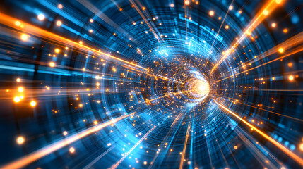 Dynamic tunnel of blue and orange light streaks creates futuristic, energetic atmosphere, resembling digital vortex or energy lattice. geometric grid flows inward, suggesting motion and speed