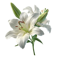 Obraz premium A beautiful white lily flower with delicate petals and green leaves, isolated on a transparent background, showcasing its natural elegance and purity