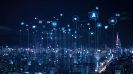 Smart City at Night with Network Connections
