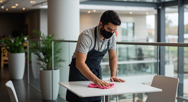 A masked restaurant worker sanitizes a clean table surface with a pink cloth in a modern, well-lit commercial interior, emphasizing hygiene and safety measures.