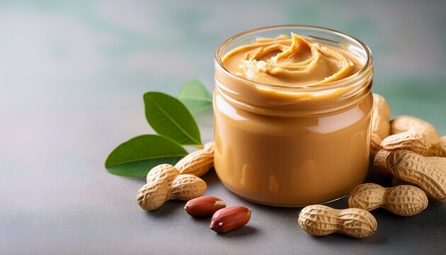 creamy peanut butter in a glass jar with peanuts and leaves - Powered by Adobe