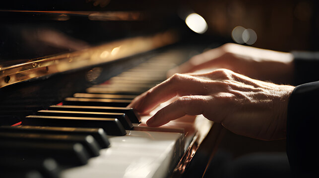 Hands playing piano. Pianist, man playing piano.. Hands on piano keys crating musical notes and sound effect at a concert, party event. 
