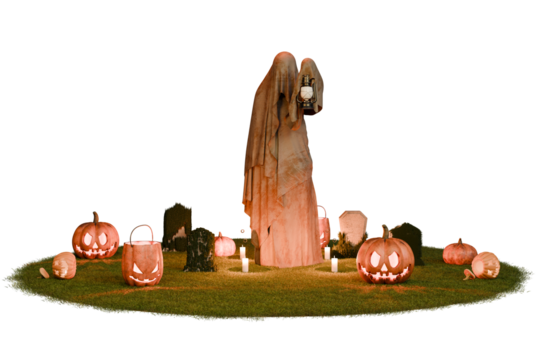 draped figure stands amidst a Halloween scene.  Carved pumpkins, glowing lanterns, and tombstones surround it on a patch of grass, autumnal atmosphere. The figure's pale form suggests a ghost