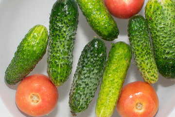 Close up view of cucumbers and tomatoes soaked in water	