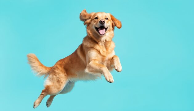 Happy golden retriever dog jumps high in air against blue background. Smiling pet enjoys freedom, motion. Beautiful canine leaps joyfully showing energy agility with friendship. Family pet outdoor