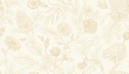 Hand-drawn beige floral pattern with intricate organic designs. Detailed line work, soft textured shading. Illustration for wallpaper, fabric, textile, design, decor, art, vintage style.