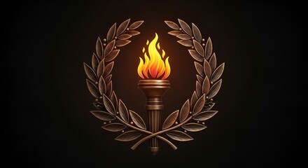 A torch with a bright flame surrounded by a laurel wreath on a dark background illustration art