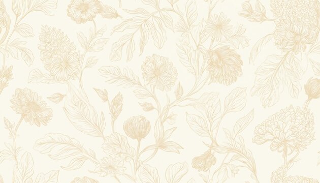 Hand-drawn beige floral pattern with intricate organic designs. Detailed line work, soft textured shading. Illustration for wallpaper, fabric, textile, design, decor, art, vintage style.