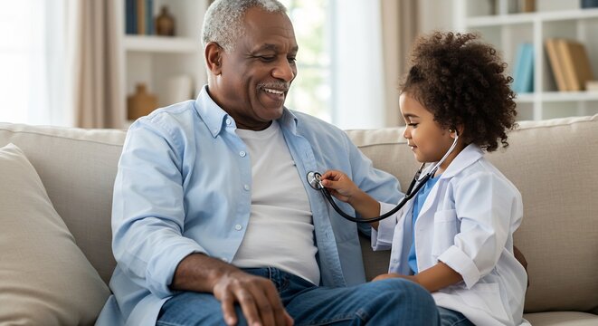 Adorable little girl playing doctor with grandfather at home, using a stethoscope to listen to the older man's heart