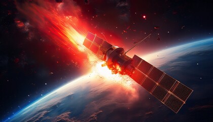 satellite descending into earth s atmosphere ablaze in red fire and sparks as it disintegrates in space above the planet with dramatic glow and cosmic particles