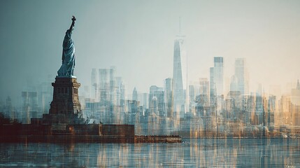Fototapeta premium Statue of Liberty and New York Cityscape Double Exposure