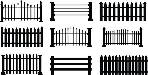Collection of various fence silhouettes, including wooden, metal, and wire designs, perfect for architecture, garden, security, and decorative purposes