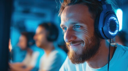 Medium shot of a smiling senior man wearing headphones focused on the monitor dynamic esports room softly blurred in background.
