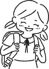 ランドセルを背負う笑顔の女の子、線画