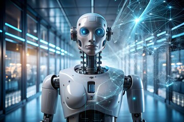 Fototapeta premium Advanced humanoid robot with glowing blue eyes in a futuristic data center