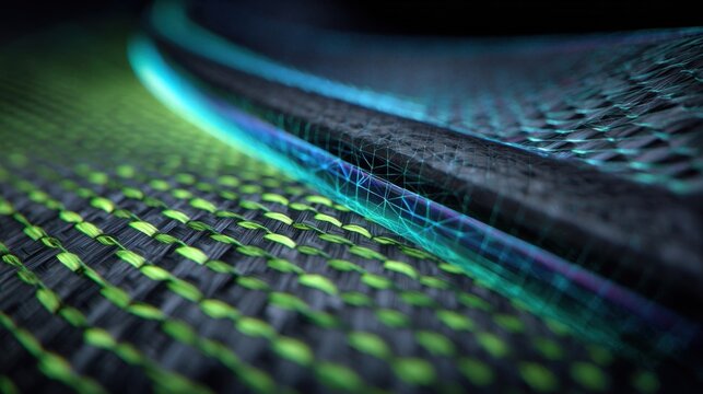A macro shot of the edges of a carbonflax composite panel revealing the layered structure where the carbon fibers interlace with flax fibers emphasizing the ecological benefits of using