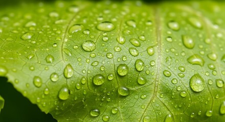 Vibrant Green Leaf Adorned with Dewdrops Close Up