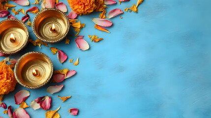 Festive Arrangement of Traditional Oil Lamps and Floral Decoration for Diwali. Ai Generated Images