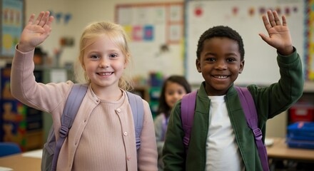 Two Smiling Elementary School Children, a Blonde Girl and a Black Boy, with Backpacks, Waving in Classroom