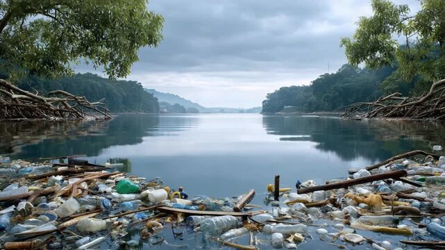 Pollution in the Natural Water: A dramatic image captures the stark reality of water pollution, with a serene lake tainted by a floating mass of plastic and debris.
