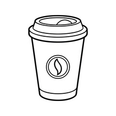 Black and white outline of a coffee cup with a logo isolated on white background